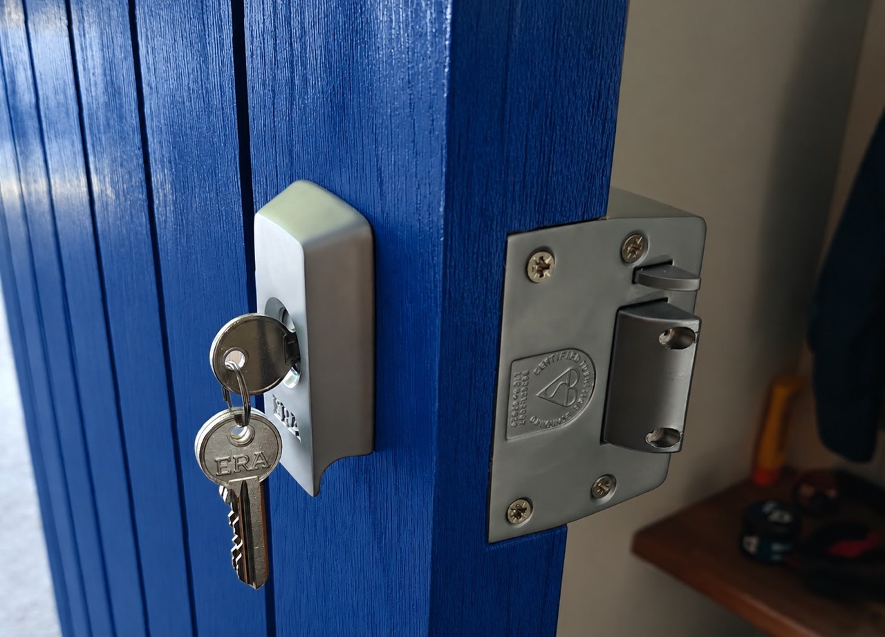 BS3621 Kitemark on a mortice lock faceplate